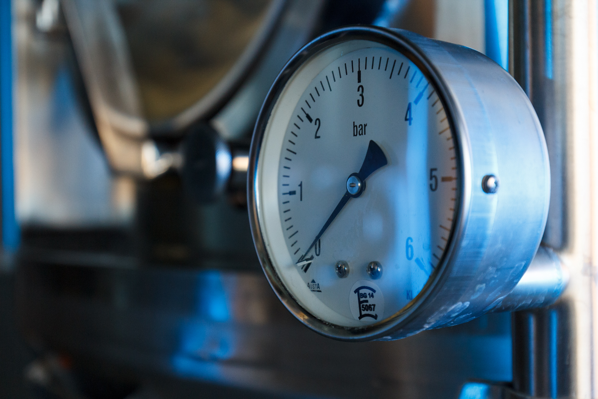 Pressure gauge on a tank in the brewery at BRLO Brwhouse - a craft beer brewery, bar, restaurant and beer garden and the edge of Park am Gleisdreieck in Berlin